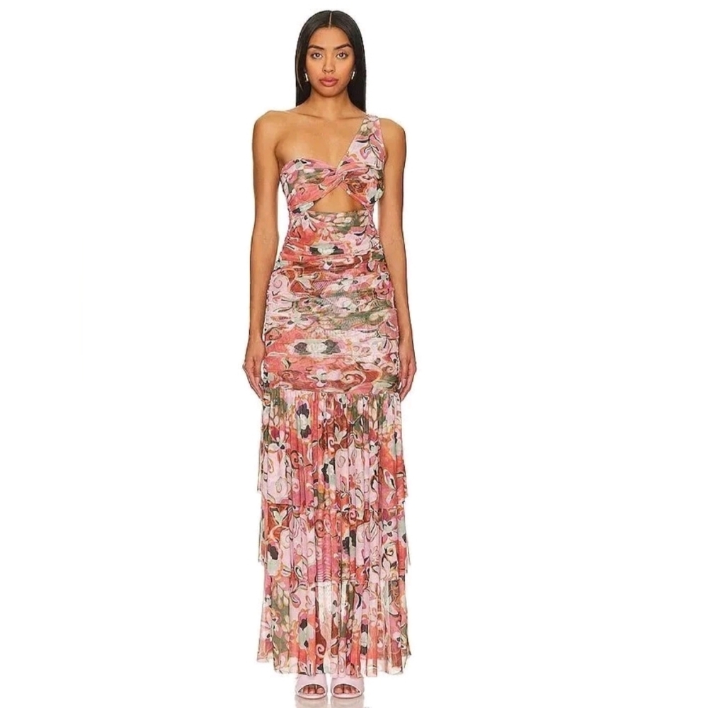 Misa Los Angeles Pink Floral One-Shoulder Cutout Maxi Dress